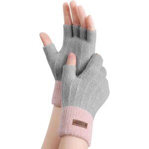Women's Pink Gray Fingerless Half Finger Knitted Mittens Gloves Cold Weather